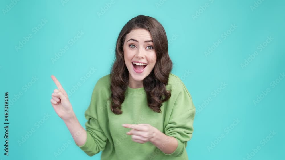 Poster surprised lady point empty space repost promo isolated cyan color background