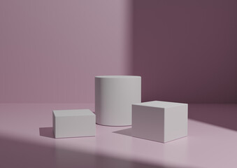 Simple Minimal Three White Podium or Stand Composition for Product Display. Geometric form 3D Rendering Light, Pastel Pink Background with Window Light From Right Side.