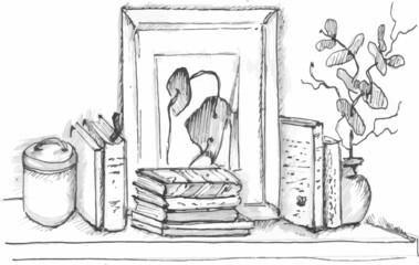 pencil drawing, sketch, shelf with books and picture