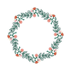 Flowers and Leaves Wreath Digital Watercolor Paint isolated on white background.