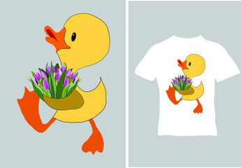 Cartoon funny yellow duckling with a bouquet of tulips in his hands. Drawn character. The vector illustration is ready to print on t-shirts, apparel, posters and more.