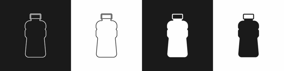 Set Bottle of water icon isolated on black and white background. Soda aqua drink sign. Vector