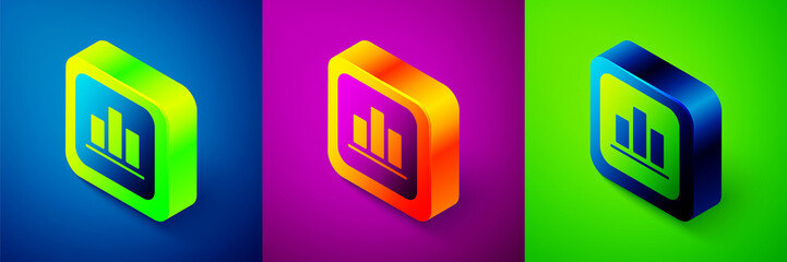 Isometric Pie chart infographic icon isolated on blue, purple and green background. Diagram chart sign. Square button. Vector