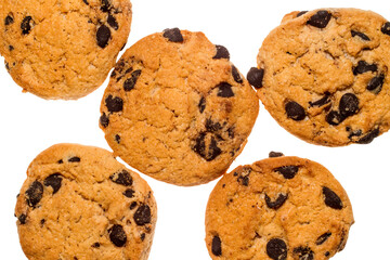 The texture of the cookies with chocolate chips on a white background.