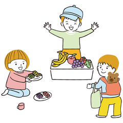 線画カラーイラスト　お店屋さんごっこ　園児
