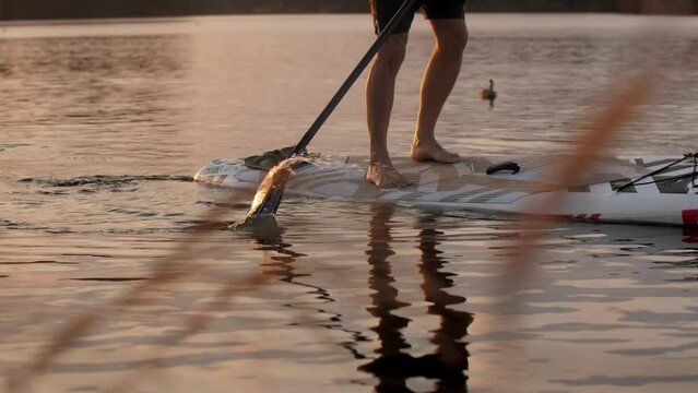 Young person paddle boarding in calm lake water with action camera attached