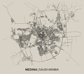 Medina (Saudi Arabia) street map poster. High printable detail travel map vector.