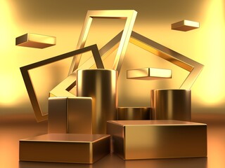 Concept product shelf podium gold color or empty pedestal display on vivid fashion background with minimal . rendering