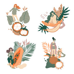 Concept illustration with woman, exotic fruits and jungle leaves.