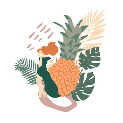 Concept illustration with woman, exotic fruit and jungle leaves.