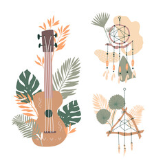 Boho compositions with ukulele, dreams catcher and jungle leaves.
