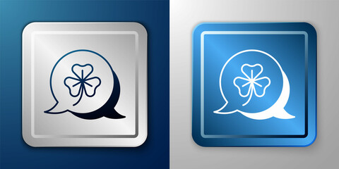 White Clover trefoil leaf icon isolated on blue and grey background. Happy Saint Patricks day. National Irish holiday. Silver and blue square button. Vector