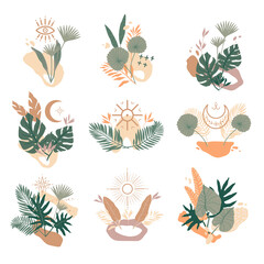Boho compositions with decorative elements, stars, moon, sun and jungle leaves.