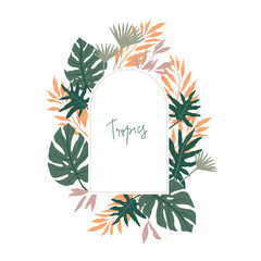Tropical frame. Ready vector illustration in pastel colors with jungle leaves.
