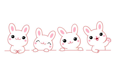 Set of cute little bunny. Borders with kawaii white bunnies. Collection of rabbits with different emotion - funny, happy, surprised. Can be used for t-shirt print, stickers. Vector illustration EPS8 © frenta