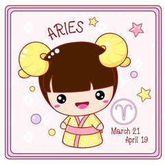 Zodiac Aries sign character in kawaii style. Cute chibi little girl in kimono. Square card with Zodiac symbol, date of birth and cartoon baby girl. Vector illustration EPS8