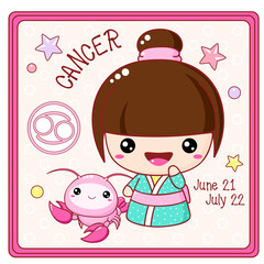 Zodiac Cancer sign character in kawaii style. Cute chibi little girl in kimono. Square card with Zodiac symbol, date of birth and cartoon baby girl. Vector illustration EPS8