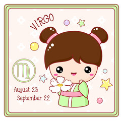 Zodiac Virgo sign character in kawaii style. Cute chibi little girl in kimono. Square card with Zodiac symbol, date of birth and cartoon baby girl. Vector illustration EPS8