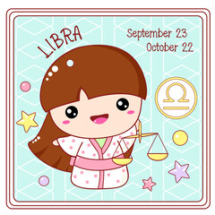 Zodiac Libra sign character in kawaii style. Cute chibi little girl in kimono. Square card with Zodiac symbol, date of birth and cartoon baby girl. Vector illustration EPS8