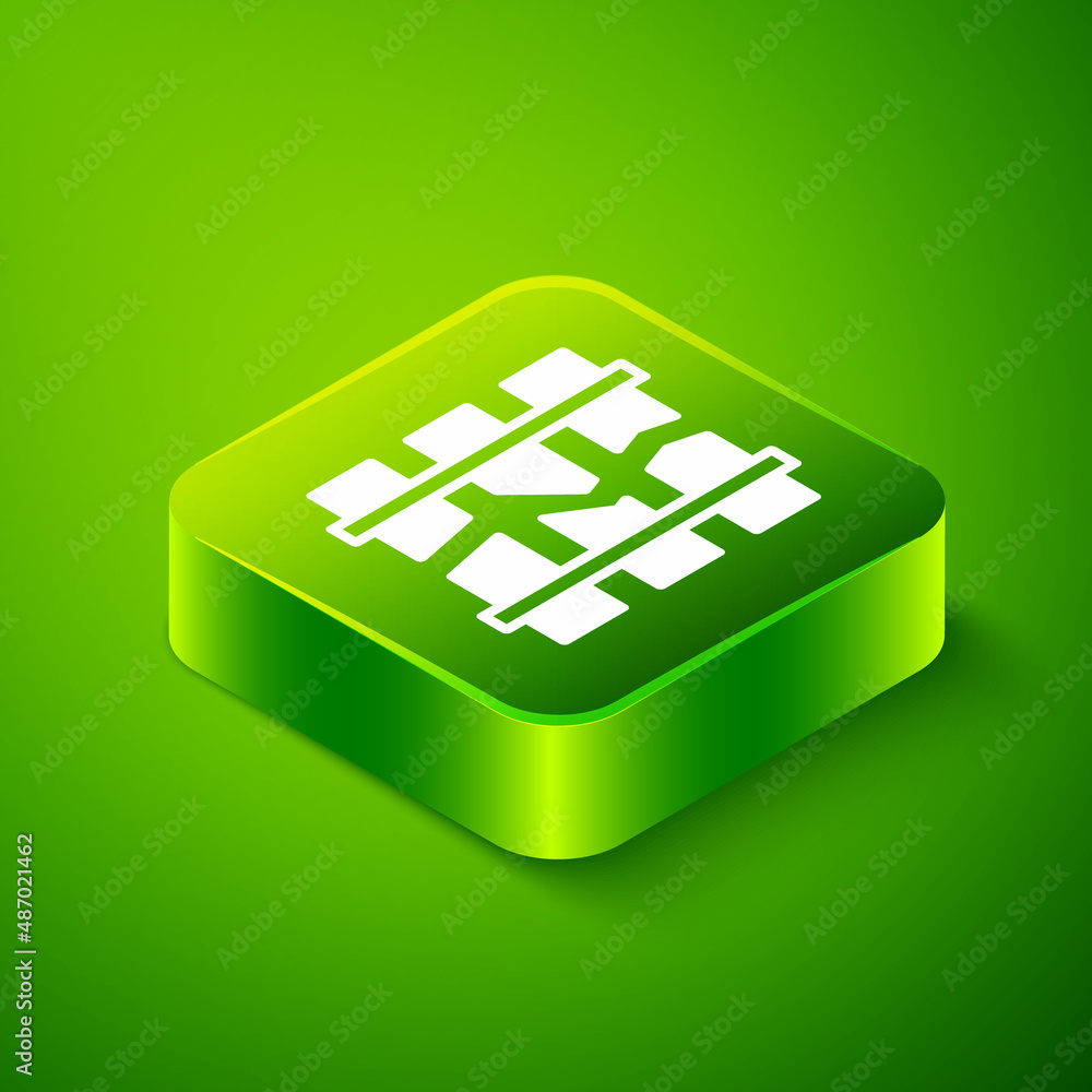 Poster isometric broken or cracked rails on a railway icon isolated on green background. green square butto