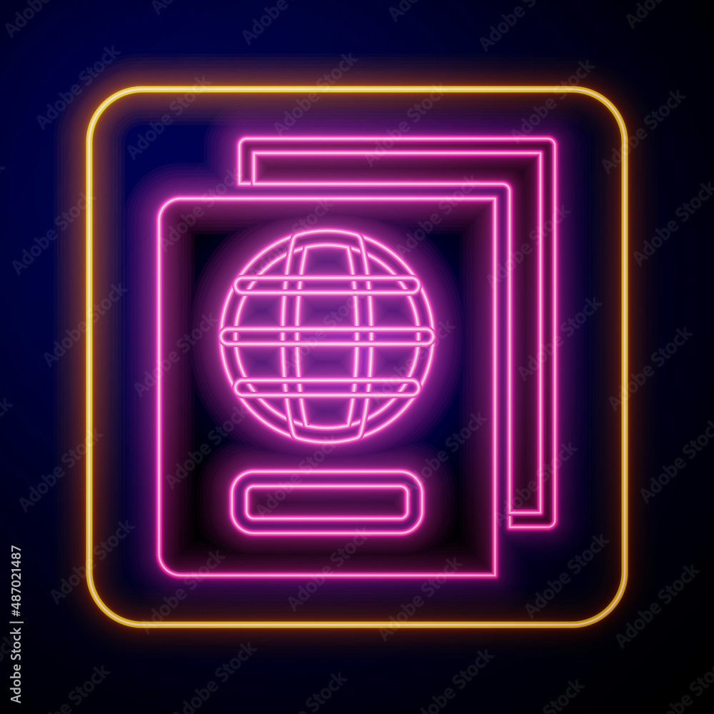 Poster glowing neon passport with biometric data icon isolated on black background. identification document