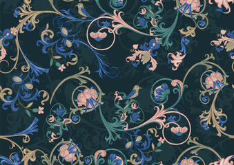 Floral vintage seamless pattern. Medieval illuminati manuscript inspiration. Design for wrapping paper, wallpaper, fabrics and fashion clothes. Vector illustration. © Elen  Lane