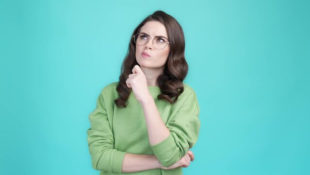 Pensive lady deep thought decide solution isolated cyan color background