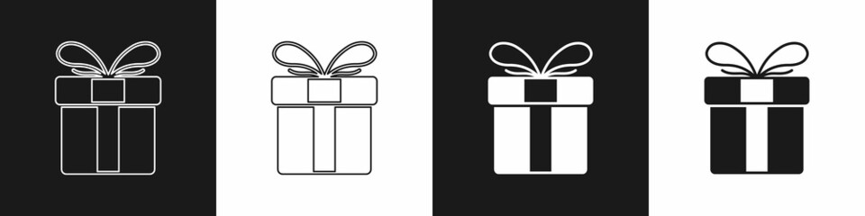Set Gift box icon isolated on black and white background. Merry Christmas and Happy New Year. Vector