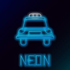 Glowing neon line Police car and police flasher icon isolated on black background. Emergency flashing siren. Colorful outline concept. Vector