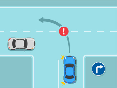 Traffic Regulating Rules And Tips. Safety Car Driving. Blue Sedan Car Is About To Make A Left Turn On A Three Way Junction With Right Turn Only Road Sign. Flat Vector Illustration Template.