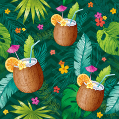 Tropical seamless luau pattern with coconut cocktails with straw, umbrella and orange. Vector hand drawn summer background with drinks in coco, flowers, palm and monstera leaves in sketch style - obrazy, fototapety, plakaty