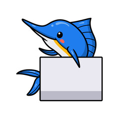 Fototapeta premium Cute little marlin cartoon with blank sign