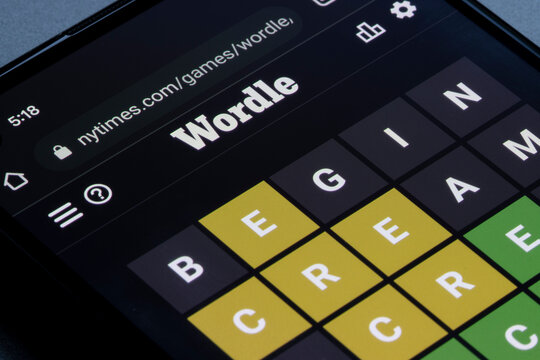 Portland, OR, USA - Feb 11, 2022: Closeup of the WORDLE game page seen on the New York Times website. WORDLE, the popular word game developed by Josh Wardle, has moved to the New York Times website.