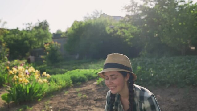 A young happy woman walking to the blue Nigella Sativa flower bushes, sniffs and enjoys them
