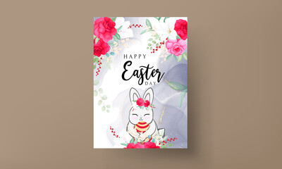 Happy Easter card with cute rabbit, Easter egg and beautiful flowers
