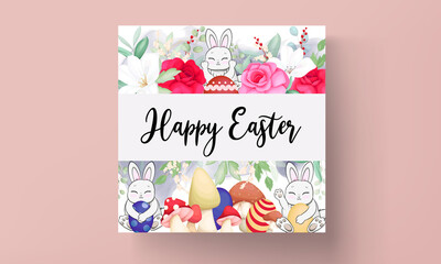 Happy Easter card with cute rabbit, Easter egg and beautiful flowers