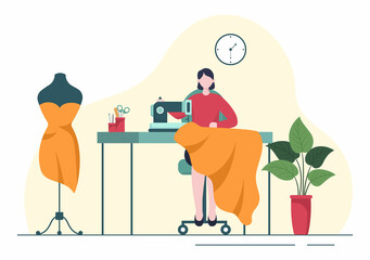 Tailor with Sewing, Cloth, Pincushion, Threads, Fashion Designer, Seamstress, Scissors and Measuring to Make Clothes in Flat Background Illustration