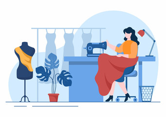 Tailor with Sewing, Cloth, Pincushion, Threads, Fashion Designer, Seamstress, Scissors and Measuring to Make Clothes in Flat Background Illustration