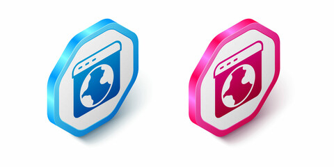 Isometric Worldwide icon isolated on white background. Pin on globe. Hexagon button. Vector