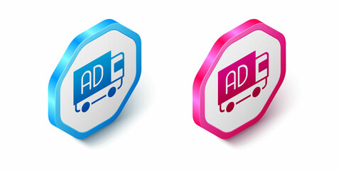 Isometric Advertising on truck icon isolated on white background. Concept of marketing and promotion process. Responsive ads. Social media advertising. Hexagon button. Vector