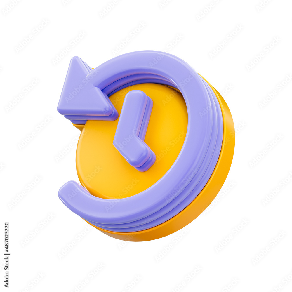 Poster rewind time clock rotation icon 3d render concept on white background