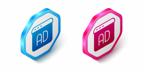 Isometric Advertising icon isolated on white background. Concept of marketing and promotion process. Responsive ads. Social media advertising. Hexagon button. Vector