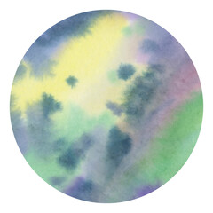 Abstract watercolor background in a circle. Decorative colorful texture similar to the surface of the planet. Bright watercolor painting. Grunge style. Aged surface.