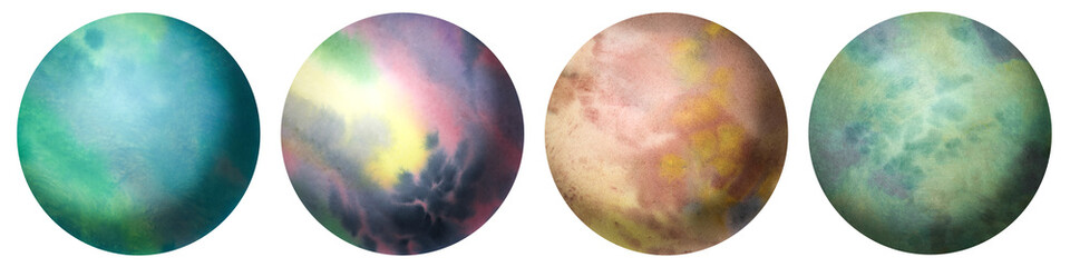 Fototapeta premium Abstract space objects of different colors. Set of watercolor planets isolated on white background. Collected colorful backgrounds in a circle.