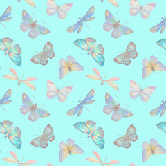 Fototapeta na wymiar Digitally processed seamless botanical pattern. Raster texture of animalistic design. Delicate watercolor butterflies collected in a seamless pattern for design.