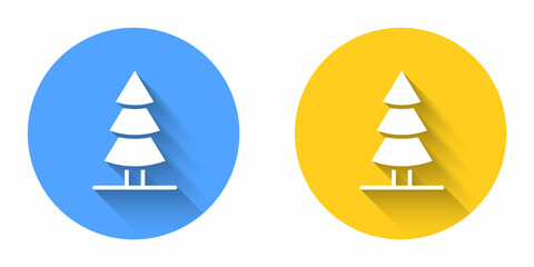 Fototapeta na wymiar White Christmas tree icon isolated with long shadow background. Merry Christmas and Happy New Year. Circle button. Vector