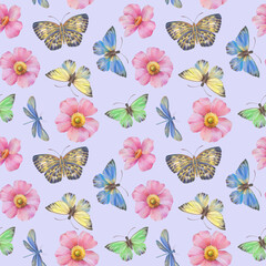 Seamless pattern with butterflies and flowers. watercolor and digital illustration. seamless botanical background. Template design for, textile, wallpaper, wrapping paper, packaging, print.