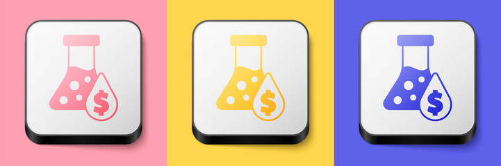 Isometric Oil petrol test tube icon isolated on pink, yellow and blue background. Cmemistry flask and falling drop. Square button. Vector