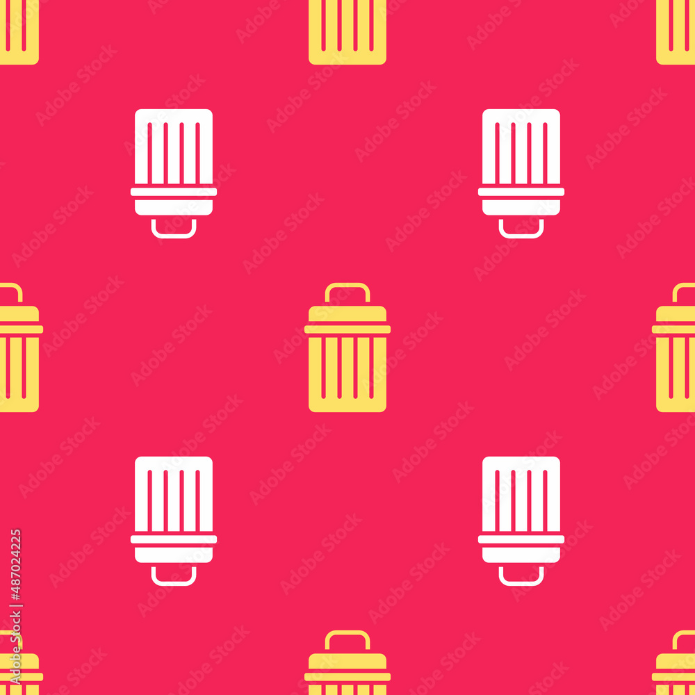 Poster yellow trash can icon isolated seamless pattern on red background. garbage bin sign. recycle basket 