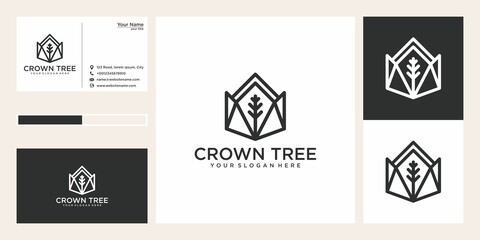 crown with tree line art logo design